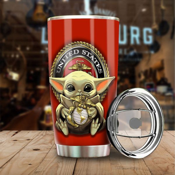 Baby Yoda U.S Marines Corps Tumbler Cup Custom Emblem Car Accessories