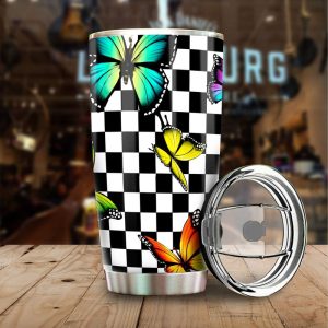 Checkerboard Butterfly Tumbler Stainless Steel Custom Pattern Car Accessories